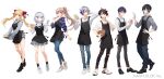  3girls 4boys apron bangs black_apron black_footwear black_pants blonde_hair blue_hair blue_skirt brown_hair collared_shirt denim denim_shorts furen_e_lustario fuwa_minato hakase_fuyuki hand_on_hip highres iwamoto_zerogo jeans kenmochi_touya long_hair mayuzumi_kai multicolored_hair multiple_boys multiple_girls nijisanji official_art one_eye_closed pants plaid plaid_shirt ponytail print_shirt purple_eyes purple_hair red_eyes red_shirt saegusa_akina shirt short_shorts shorts silver_hair skirt smile streaked_hair takamiya_rion torn_clothes torn_pants twintails virtual_youtuber white_background white_footwear 