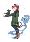  1girl absurdres alternate_costume animal_ears bird bird_on_hand bow braid cat_ears cat_tail coat ear_piercing full_body highres kaenbyou_rin multiple_tails nekomata piercing pom_pom_(clothes) red_eyes red_hair reiuji_utsuho reiuji_utsuho_(bird) scarf skull snow standing subterranean_animism tail third_eye touhou twin_braids two_tails winter_clothes zk_(zk_gundan) 