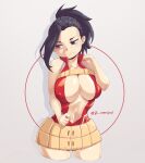  1girl artist_name belt black_eyes black_hair bodysuit boku_no_hero_academia breasts center_opening cleavage closed_mouth embarrassed grey_background hair_pulled_back hand_on_own_shoulder instagram_username jk_arts large_breasts looking_down midriff navel ponytail shiny shiny_hair simple_background solo standing superhero yaoyorozu_momo 