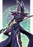  1boy bangs boots closed_mouth commentary_request dark_magician duel_monster hat highres holding holding_staff long_hair male_focus pillarboxed purple_hair smile solo soya_(sys_ygo) staff twitter_username wizard_hat yu-gi-oh! 