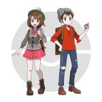  1boy 1girl :d asatsuki_(fgfff) backpack bag beanie boots brown_bag brown_eyes brown_footwear brown_hair buttons cable_knit cardigan collared_dress commentary_request denim dress gloria_(pokemon) green_headwear green_legwear grey_cardigan grey_headwear hand_up hat highres holding holding_poke_ball holding_strap hooded_cardigan jeans knees official_style open_mouth pants pink_dress plaid plaid_legwear poke_ball poke_ball_(basic) pokemon pokemon_(game) pokemon_swsh red_shirt shirt shoes sleeves_rolled_up smile socks standing suitcase tam_o&#039;_shanter tongue torn_clothes torn_jeans torn_pants victor_(pokemon) 