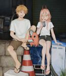  1boy 1girl black_shorts blonde_hair brown_shorts chainsaw chainsaw_man crack demon_horns denji_(chainsaw_man) food hair_between_eyes highres horns leaf long_hair parted_lips pink_hair plant pochita_(chainsaw_man) popsicle power_(chainsaw_man) red_horns sandals sharp_teeth shirt short_hair short_sleeves shorts sitting smile teeth traffic_cone utsuwa0120 white_shirt 