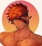  1boy bara chest_hair cropped_shoulders dark-skinned_male dark_skin eyepatch facial_hair facial_mark feather_necklace goatee highres large_pectorals long_sideburns magatama magatama_necklace male_focus mature_male muscular muscular_male orange_eyes orange_hair pectorals pointy_ears red_tribe short_hair sideburns solo tokyo_houkago_summoners touou 