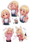  2girls :d animal_ears arm_up bare_arms bare_shoulders baseball_cap black_shorts blonde_hair blush braid closed_eyes duplicate flower fox_ears fox_girl fox_tail hand_up hat head_tilt highres hololive index_finger_raised long_hair multicolored_hair multiple_girls multiple_views omaru_polka open_mouth overall_shorts overalls pink_shirt pixel-perfect_duplicate pointy_ears red_eyes red_shirt sasaki_(glass1138) shiranui_flare shirt short_shorts shorts sleeveless sleeveless_shirt smile squatting streaked_hair tail tan translation_request very_long_hair virtual_youtuber white_hair white_headwear white_shirt yellow_flower younger 