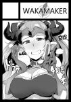  1girl black_border blush border bottle breasts circle_cut cleavage content_rating covered_nipples earrings fate/grand_order fate_(series) gloves greyscale grin headpiece heart horns jewelry large_breasts long_hair looking_at_viewer milk_bottle monochrome pointy_ears smile solo upper_body v wakamesan xuangzang_sanzang_(fate) 
