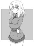  1girl absurdres bangs bc_freedom_school_uniform border cardigan closed_mouth cowboy_shot crossed_arms diagonal-striped_neckwear diagonal_stripes dress dress_shirt frown girls_und_panzer greyscale highres long_sleeves looking_at_viewer medium_hair messy_hair monochrome necktie oshida_(girls_und_panzer) outside_border pinafore_dress pleated_dress renshiu school_uniform shirt short_dress solo standing striped striped_neckwear wing_collar 