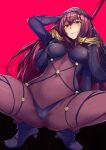  1girl ankle_boots bodysuit boots breasts closed_mouth covered_navel fate/grand_order fate_(series) gae_bolg_(fate) hand_up high_heel_boots high_heels long_hair looking_at_viewer medium_breasts polearm purple_footwear red_background red_bodysuit red_eyes red_hair scathach_(fate) scathach_(fate)_(all) simple_background smile solo spear spread_legs veil wakamesan weapon 