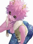  1girl ashido_mina bare_arms bare_shoulders bent_over black_sclera boku_no_hero_academia breasts buttons cleavage colored_sclera colored_skin cunnilingus_gesture downblouse fingernails fur_trim hair_between_eyes hand_on_own_thigh hand_to_own_mouth highres horns kobaji looking_at_viewer medium_breasts messy_hair open_clothes open_vest pink_hair pink_skin short_hair sidelocks solo tongue tongue_out unbuttoned unitard v v_over_mouth vest yellow_eyes yellow_horns 