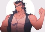  1boy bara bare_shoulders broken_horn dark_blue_hair demon_boy demon_horns facial_hair fang fiery_horns forked_eyebrows goatee head_tilt horns jewelry large_pectorals long_sideburns magatama magatama_necklace male_focus mature_male muscular muscular_male necklace pectoral_cleavage pectorals scar scar_on_neck shirt short_hair sideburns sleeveless sleeveless_shirt solo takemaru_(tokyo_houkago_summoners) thick_eyebrows tokyo_houkago_summoners torn_clothes torn_shirt touou upper_body 