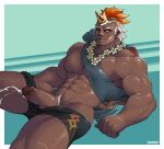  1boy abs bara bare_arms bare_pectorals bare_shoulders black_male_swimwear blush clothing_aside cross_scar cum dark-skinned_male dark_skin ejaculation erection feet_out_of_frame fire_emblem flower flower_necklace handsfree_ejaculation helbindi_(fire_emblem) highres horns jewelry large_pectorals looking_at_viewer male_focus male_pubic_hair male_swimwear mature_male multicolored_hair muscular muscular_male navel navel_hair necklace nipples one_eye_closed orange_hair pectorals penis print_male_swimwear pubic_hair pubic_hair_peek sash scar scar_on_arm scar_on_chest short_hair sideburns single_horn sitting solo spread_legs stomach swim_briefs swimsuit swimsuit_aside thick_thighs thighs two-tone_hair uncensored voviat wet white_hair 