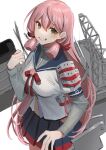  1girl akagi_kurage akashi_(kancolle) bangs blue_sailor_collar blue_skirt blunt_tresses breasts eyebrows_visible_through_hair eyelashes green_eyes grin hair_between_eyes hair_ribbon highres hip_vent kantai_collection large_breasts long_hair long_sleeves looking_at_viewer pink_hair pleated_skirt red_neckwear ribbon rigging sailor_collar school_uniform serafuku simple_background skirt smile solo tress_ribbon white_background 