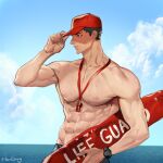  1boy bara baseball_cap black_eyes cloud day hat large_pectorals lifeguard male_focus muscular muscular_male navel nipples original pectorals shirtless short_hair sky solo ssong-ga surfboard twitter_username upper_body watch whistle whistle_around_neck wristwatch 