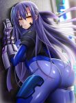  1girl against_wall ass blue_bodysuit bodysuit breast_press breasts corruption dark_persona ginga_nakajima highres large_breasts looking_at_viewer lyrical_nanoha mahou_shoujo_lyrical_nanoha mind_control mirisha numbers&#039;_uniform numbers_(nanoha) purple_hair skin_tight solo yellow_eyes 