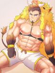  1boy abs absurdres animal_hood bara bare_pectorals boar_boy boar_tail body_fur brown_hair bulge chest_harness facial_hair facial_mark fang forked_eyebrows frown goatee gullinbursti_(tokyo_houkago_summoners) harness highres hood large_pectorals leg_tattoo long_sideburns looking_at_viewer male_focus mature_male muscular muscular_male navel nipples pectorals scar scar_on_chest short_hair shorts sideburns solo spread_legs stomach tail tattoo thick_thighs thighs tokyo_houkago_summoners uiokv white_shorts 