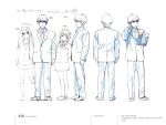  1boy 2girls absurdres character_name character_sheet color_trace copyright_name formal from_behind from_side full_body height_chart height_difference highres idolmaster idolmaster_cinderella_girls loafers male_focus multiple_girls multiple_views official_art partially_colored production_art scan serious shibuya_rin shimamura_uzuki shoes simple_background suit turnaround white_background zip_available 