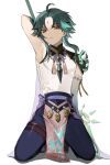  1boy ahoge aqua_hair arm_behind_head arm_up armor asymmetrical_clothes bead_necklace beads closed_mouth facial_mark forehead_mark genshin_impact green_hair gyoju_(only_arme_nim) highres holding holding_weapon jewelry kneeling male_focus multicolored_hair necklace polearm shoulder_armor simple_background solo spikes sweat tassel weapon white_background xiao_(genshin_impact) yellow_eyes 