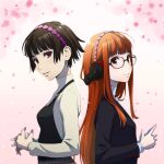  2girls amupon back-to-back brown_hair formal hands_clasped headphones heart_hairband long_hair multiple_girls niijima_makoto orange_hair own_hands_together persona persona_5 sakura_futaba short_hair smile suit upper_body 