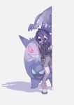  1boy absurdres ahoge allister_(pokemon) bangs collared_shirt commentary_request gastly gen_1_pokemon gengar haunter highres jaga_(user_wmhr8725) long_sleeves male_focus mask number pokemon pokemon_(creature) pokemon_(game) pokemon_swsh purple_hair shirt shoes short_hair shorts standing suspender_shorts suspenders white_footwear 