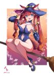  1girl absurdres animal_ear_fluff animal_ears areola_slip areolae ass bangs bare_legs bare_shoulders blue_eyes breasts broom broom_riding cleavage clothing_cutout dated fang full_body hair_over_shoulder hand_up hat high_heels highleg highleg_leotard highres holding holding_wand iparuputsua large_hat leotard medium_breasts multicolored_hair navel_cutout no_bra open_mouth orange_hair original parted_bangs red_hair shrug_(clothing) sidelocks signature sitting skin_fang solo sparkle star_wand streaked_hair tail thighs twintails two-tone_hair v wand witch witch_hat 