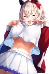  1girl animal_ears blush breasts closed_eyes clothes_lift commentary_request curren_chan_(umamusume) highres horse_ears horse_girl horse_tail nidaime_(doronbo) open_mouth shirt_lift silver_hair solo sweat tail umamusume underboob white_background 