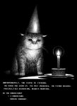  animal_focus arrow_(symbol) candle cat commentary dialogue_options english_commentary english_text fire flame greyscale hat highres monochrome no_humans original party_hat plate sad simple_background white_background y_naf 