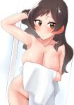  1girl armpits arms_up breasts brown_eyes brown_hair cleavage closed_mouth collarbone commentary_request cowboy_shot eyebrows_visible_through_hair female_pubic_hair holding holding_towel idolmaster idolmaster_million_live! kitazawa_shiho kurozako large_breasts light_blush looking_at_viewer naked_towel pubic_hair solo towel wet 