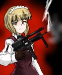  1girl absurdres arm_garter bangs bartender black_gloves black_neckwear blonde_hair blunt_bangs bob_cut bow bowtie brown_vest closed_mouth commentary cutlass_(girls_und_panzer) dress_shirt eyebrows_visible_through_hair frown girls_und_panzer gloves gun highres holding holding_gun holding_weapon long_sleeves looking_at_viewer moesenyukikaze shirt short_hair smoke solo submachine_gun trigger_discipline vest weapon weapon_request white_shirt wing_collar yellow_eyes 