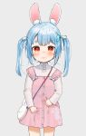  1girl absurdres animal_ears bag bangs blue_hair blush dress frown gotou_(nekocat) grey_background handbag highres hololive long_sleeves looking_at_viewer orange_eyes pink_dress rabbit_ears sidelocks simple_background solo tearing_up tears thick_eyebrows twintails usada_pekora virtual_youtuber 