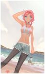  1girl arknights beach black_legwear blue_eyes blue_poison_(arknights) blue_poison_(shoal_beat)_(arknights) blue_shorts border bottle braid choker chromatic_aberration cloud cloudy_sky commentary da_(datako) dutch_angle ear_piercing english_commentary feet_out_of_frame hairband hand_on_head highres holding holding_bottle looking_at_viewer medium_hair navel o-ring o-ring_choker ocean official_alternate_costume open_mouth outdoors pants pants_under_shorts piercing pink_choker pink_hair sand scales shorts sky solo sports_bra standing starfish twin_braids twintails water_bottle wet white_border white_sports_bra yoga_pants 