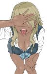 1girl artist_request blonde_hair breasts censored cleavage covered_eyes dark_skin earrings gyaru highres identity_censor idolmaster idolmaster_shiny_colors izumi_mei jewelry large_breasts leaning_forward long_hair no_eyes ribbon school_uniform skirt tan tongue tongue_out 