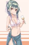 1girl absurdres bikini blue_sarong breasts brown_eyes cleavage collarbone commentary_request cosplay cowboy_shot cup drinking_glass green_hair highres kantai_collection long_hair medium_breasts navel oversized_clothes ponytail sarong solo swimsuit uut white_bikini wine_glass yura_(kancolle) yura_(kancolle)_(cosplay) yuubari_(kancolle) 