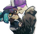  ..._(331608) 1boy 1girl blue_hair covered_mouth crying fangs glasses grey_hoodie grey_shirt hand_on_another&#039;s_face hand_on_another&#039;s_head hand_on_another&#039;s_mouth hat hood hoodie inkling looking_at_another no_eyebrows open_mouth pointing purple_hair purple_headwear red_eyes shirt short_hair simple_background smile splatoon_(series) splatoon_2 sweat sweatdrop tomboy yellow_eyes 
