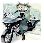  2boys black_footwear black_hair blonde_hair boots closed_mouth commentary_request fujiharu_(akamine) grey_eyes ground_vehicle highres holding holding_map jacket long_sleeves male_focus map motor_vehicle motorcycle multiple_boys mutou_yuugi pants pointing sitting spiked_hair yami_yuugi yu-gi-oh! yu-gi-oh!_duel_monsters 