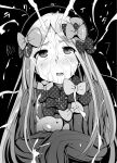  1girl abigail_williams_(fate) bangs blush bow bukkake content_rating cum cum_on_clothes cum_on_hair facial fate/grand_order fate_(series) hair_bow long_hair long_sleeves parted_bangs parted_lips polka_dot polka_dot_bow projectile_cum sleeves_past_fingers sleeves_past_wrists solo upturned_eyes wakamesan 
