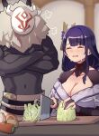  1girl angry blurry blurry_background breasts cabbage carrot chopping cleavage closed_eyes crossed_arms crying cutting_board genshin_impact hair_ornament highres hilichurl_(genshin_impact) justeeeeth kitchen large_breasts long_hair mole mole_under_eye potato raiden_shogun tears 