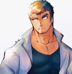  1boy alternate_eye_color bara black_tank_top brown_hair chest_hair facial_hair goatee jacket kengo_(tokyo_houkago_summoners) long_sideburns looking_to_the_side male_focus mature_male muscular muscular_male open_clothes open_jacket pectoral_cleavage pectorals short_hair sideburns solo stubble sunlight tank_top thick_eyebrows tokyo_houkago_summoners touou upper_body yellow_eyes 