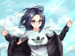  1girl absurdres adidas artist_name black_hair black_jacket blue_sky breasts character_name cloud cloudy_sky day glasses grey_eyes highres indie_virtual_youtuber jacket kson light_smile lips long_hair looking_at_viewer marsel_arts medium_breasts off_shoulder open_clothes open_jacket outdoors shirt sky solo t-shirt upper_body virtual_youtuber w_arms wind 