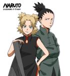  bangs black_dress black_eyes black_hair blonde_hair character_name china_dress chinese_clothes closed_mouth dress forehead green_eyes green_shirt hand_fan hand_on_hip highres holding holding_fan long_sleeves looking_at_viewer nara_shikamaru naruto naruto_(series) pinoko_(pnk623) shirt simple_background sleeveless sleeveless_dress smile temari_(naruto) white_background 