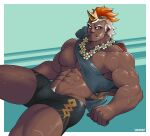  1boy abs bara bare_arms bare_pectorals bare_shoulders black_male_swimwear bulge cross_scar dark-skinned_male dark_skin feet_out_of_frame fire_emblem flower flower_necklace helbindi_(fire_emblem) highres horns jewelry large_pectorals looking_at_viewer male_focus male_pubic_hair male_swimwear mature_male multicolored_hair muscular muscular_male navel navel_hair necklace nipples orange_hair pectorals penis print_male_swimwear pubic_hair pubic_hair_peek sash scar scar_on_arm scar_on_chest short_hair sideburns single_horn sitting solo spread_legs stomach swim_briefs thick_thighs thighs two-tone_hair voviat wet white_hair 