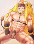  1boy abs absurdres animal_hood bara bare_pectorals boar_boy boar_tail body_fur brown_hair chest_harness facial_hair facial_mark fang flaccid foreskin forked_eyebrows frown goatee gullinbursti_(tokyo_houkago_summoners) harness highres hood large_pectorals leg_tattoo long_sideburns looking_at_viewer male_focus mature_male muscular muscular_male navel nipples pectorals pubic_tattoo scar scar_on_chest short_hair sideburns solo spread_legs stomach tattoo thick_thighs thighs tokyo_houkago_summoners uiokv uncensored 