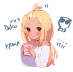  1girl :o arrow_(symbol) bangs_pinned_back black_choker blonde_hair blush choker cropped_torso crossed_arms cup forehead highres holding holding_cup hololive kintsuba_(shiranui_flare) long_sleeves looking_at_viewer mug multicolored_hair off-shoulder_shirt off_shoulder parted_lips pointy_ears red_eyes romaji_text sasaki_(glass1138) shiranui_flare shirt simple_background streaked_hair tan translated upper_body virtual_youtuber white_background white_hair white_shirt 