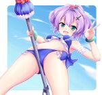  1girl :d armpits azur_lane bandeau bangs bikini blue_bikini blue_sky blush breasts cat_and_rabbit cleavage cloud cloudy_sky commentary_request crotch eyebrows_visible_through_hair flower from_below green_eyes hair_between_eyes hair_flower hair_ornament hairclip highres holding javelin_(azur_lane) javelin_(beach_picnic!)_(azur_lane) long_hair looking_at_viewer looking_down midriff navel open_mouth parasol ponytail purple_hair sidelocks sky smile solo swimsuit umbrella v 