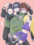  1girl 3boys :d akimichi_chouji anger_vein armpits bandages bangs black_eyes black_hair blonde_hair brown_hair chinstrap_beard closed_eyes closed_mouth earrings facial_hair food forehead forehead_protector grin highres holding jewelry long_hair long_sleeves multiple_boys nara_shikamaru naruto_(series) naruto_shippuuden navel open_mouth pink_background pinoko_(pnk623) ponytail sarutobi_asuma short_hair simple_background sleeveless smile stubble teeth v-shaped_eyebrows vest white_sleeves yamanaka_ino 