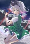  1girl 258n absurdres bangs black_hairband blurry blurry_background collared_shirt eyebrows_visible_through_hair frilled_skirt frills green_eyes green_skirt green_vest grey_hair hairband highres holding holding_sword holding_weapon katana konpaku_youmu konpaku_youmu_(ghost) lantern looking_at_viewer open_mouth outdoors shirt short_hair short_sleeves skirt skirt_set solo sword touhou v-shaped_eyebrows vest weapon white_shirt 