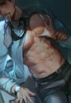  1boy bara belt black_pants grabbing hand_on_another&#039;s_chest highres large_pectorals male_focus muscular muscular_male navel necktie nipple_piercing nipples open_clothes open_shirt original pants pectoral_grab pectorals piercing shirt ssong-ga teeth twitter_username watch wristwatch 