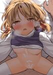  1boy 1girl bangs blonde_hair blush breasts clothes_lift commentary_request cowboy_shot cum cum_in_pussy cum_on_body cum_on_stomach drooling eyebrows_visible_through_hair fuuzasa hair_ribbon hetero highres long_sleeves looking_at_viewer lying medium_hair moriya_suwako nipples no_bra on_back on_bed open_mouth penis pov purple_vest pussy red_ribbon ribbon sex shadow shirt shirt_lift small_breasts solo_focus sweat thighhighs touhou turtleneck vaginal vest white_legwear white_shirt yellow_eyes 