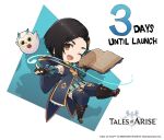  1girl bird black_hair book boots brown_eyes chibi copyright copyright_name countdown english_text fururu_(tales) logo looking_at_viewer magic official_art open_book owl rinwell_(tales) smile solo tales_of_(series) tales_of_arise thighhighs 