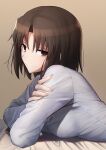  1girl absurdres bangs bed_sheet black_eyes breasts brown_hair closed_mouth crossed_arms dress_shirt grey_background grey_shirt hair_between_eyes hair_intakes highres kara_no_kyoukai long_sleeves looking_at_viewer lying medium_breasts okakasushi on_stomach ryougi_shiki shirt short_hair solo upper_body 