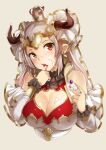  1girl absurdres aliza_(granblue_fantasy) bangs breasts cake cleavage cleavage_cutout clothing_cutout crown detached_sleeves draph earrings eating food food_on_face granblue_fantasy hair_ornament hair_pulled_back headgear highres horns jewelry large_breasts licking mini_crown open_mouth parted_bangs pointy_ears red_eyes silver_hair simple_background solo tongue tongue_out upper_body wakamesan 