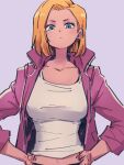 1girl android_18 blue_eyes breasts closed_mouth dragon_ball dragon_ball_super jacket kemachiku looking_at_viewer medium_breasts open_clothes open_jacket pink_jacket purple_background short_hair simple_background solo 